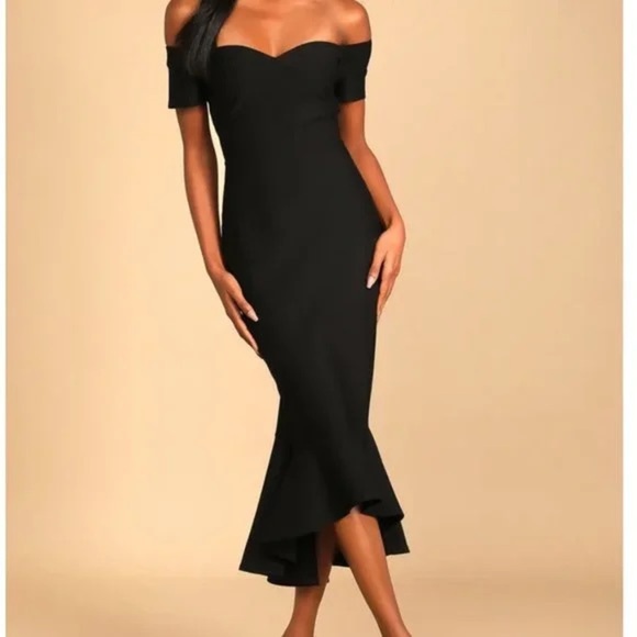 NWOT Lulu's Black Off-the-Shoulder Midi Bodycon Ruffle Dress Size Medium - Picture 1 of 14